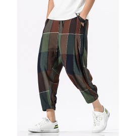 Mens 100% Cotton Plaid Drawstring Elastic Leg Casual Pants With Pocket