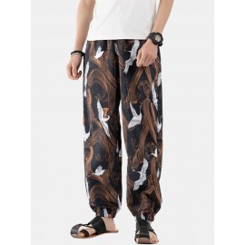 5 Colors Mens Chinese Style Oriental Crane Print Inside Drawstring Casual Pants