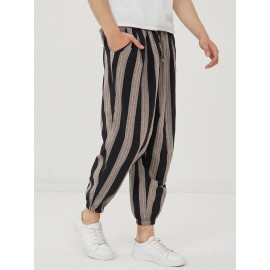 Mens 100% Cotton Stripe Casual Drawstring Beam Feet Pants