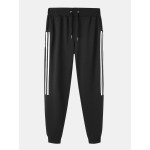 Mens Cotton Side Stripe Print Drawstring Sport Black Jogger Pants With Pocket