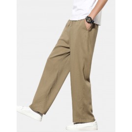 Cotton Mens Solid Color Drawstring Loose Wide Leg Pants With Pocket