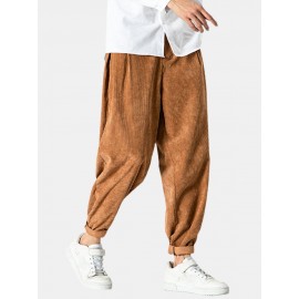 Mens Corduroy Cotton Solid Loose Zipper Fly Pants With Pocket