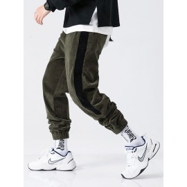 Mens Corduroy Side Stripe Draswstring Jogging Casual Pants With Pocket