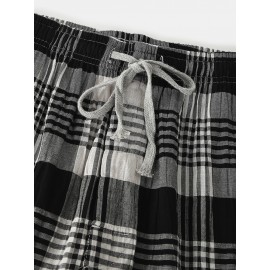 Mens Cotton Plaid Print Thin Loose Breathable Home Drawstring Mid Waist Lounge Sleep Pants