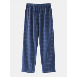 Cotton Mens Simple Plaid Print Pocket Drawstring Home Pajama Pants