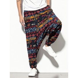 Mens 100% Cotton Vintage Print Loose Drop-Crotch Pants With Pocket