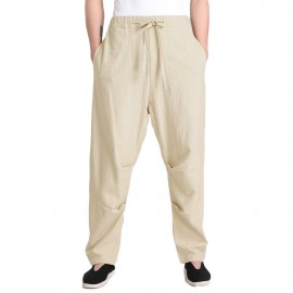 Men Drawstring Pants Linen Cotton Loose Yoga Pants Straight Long Trousers Casual Hiking Sport