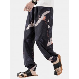 5 Colors Mens Chinese Style Oriental Crane Print Inside Drawstring Casual Pants