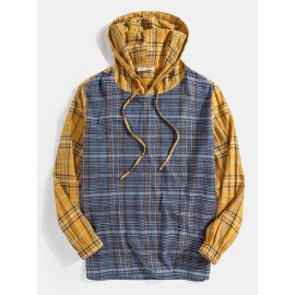 Mens 100% Cotton Contrast Plaid Patchwork Elastic Cuff Drawstring Hoodies