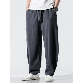 Mens 100% Cotton Solid Color Pocket Loose Drawstring Pants