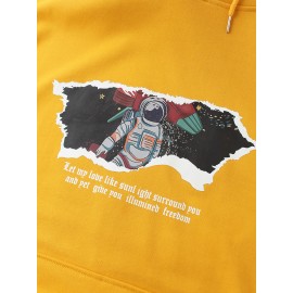 Mens Astronaut Graphic Slogan Print Cotton Casual Drawstring Hoodies With Kangaroo Pocket